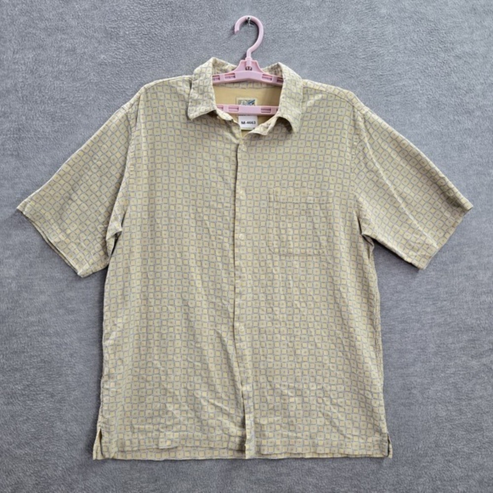 Travelsmith Men Button Up Shirt XL Yellow Silk Geometric‎ Short Sleeve Collar